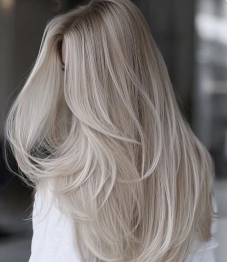 Long, layered icy blonde hair