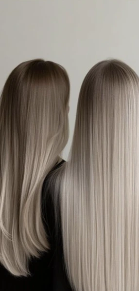 Two shades of long straight hair side by side